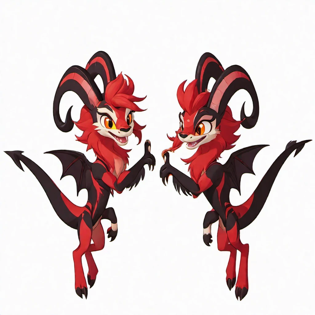 HazbinStyle, assymetric, a cartoon character,masterpiece,highly detailed,8k resolution,duos,ultra detailed perfect piece,masterpiece,extremely detailed CG 8k,very fine 8K CG,best quality,absurdres,zoomed out view,full body view,Hazbin hotel,Razzle and Dazzle,goat-dragon/-demons,they have similar red fur, long black and red horns, yellow eyes with red irises, and similar suits. Both also possess dragon-like wings, and their tails are long with a tuft of fur at the end of each shaped into a point. Their "hands" have close resemblance to hooves for hands, and their cheeks have pink spots, as well as what appear to be freckles located beside their eyes. Razzle appears to have a normal tongue, Razzle's eyes are reptilian-like with thin vertical pupils, and Razzle's fur is a light shade of red, while the stripe going down his snout is darker red in comparison. Dazzle has a more snake-like tongue, Dazzle’s eyes are larger with his pupils being round and circular, Dazzle, Dazzle's fur is dark red with the stripe on his snout being a lighter shade of red. They both have tuxeo tops with red bowties
They are both sitting down and smiling with a box of donuts around them,background is red shades of a sidewalk and buildings as they’re in hell
