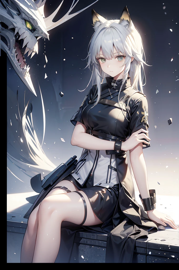 anime girl with white hair and green dress standing in the dark, kal'tsit, kal'tsit from arknights, from the arknights videogame, fox ear, green eyes, from arknights, fine details, arknights, arknights style, arknights cg, kantai collection style, arknights style, main character, medic girl, arknights, official character art, arknights universe, kal'tsit doctor uniform
