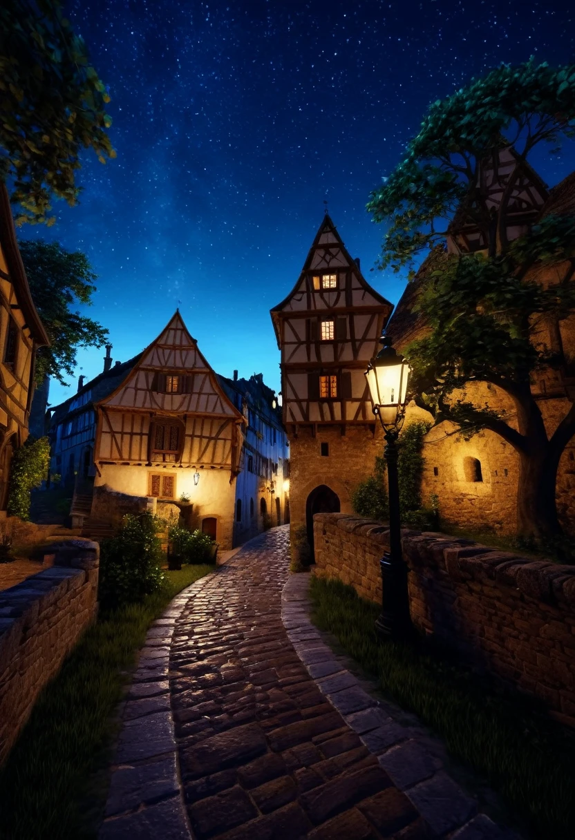 ((Best resolution:1.4)), ((high quality:1.2)), Work of art, 8k, extremely detailed, ((High detail:1.2)), cinematic photo, a very beautiful city, medieval houses and trees, mid night sky, 
