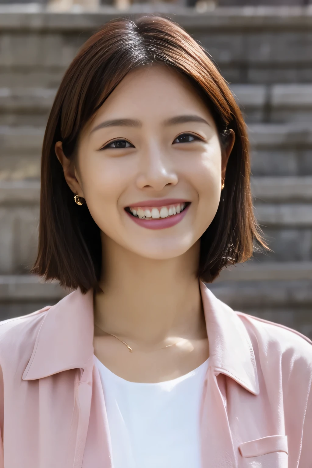 (((Facing the viewer、Watching the audience)))、Bust up shot、Low - Angle, Wicked Smile, Depth of written boundary, Cinematic lighting, uhd, masterpiece, Anatomically correct, Super Detail, Highest quality, 16K, Highest quality、Japanese womenの立ち姿、Woman standing in an alley、Japanese women、38 years old、Perfect Makeup、Lip gloss、Realistic skin texture、double eyelid、Lower eyelid tear trough、The eyes are looking here, Smiling Kindly, (Dimples: 1.2), Short Hairstyles, Sitting, (Wearing a light pink jacket over a white camisole:1.4),