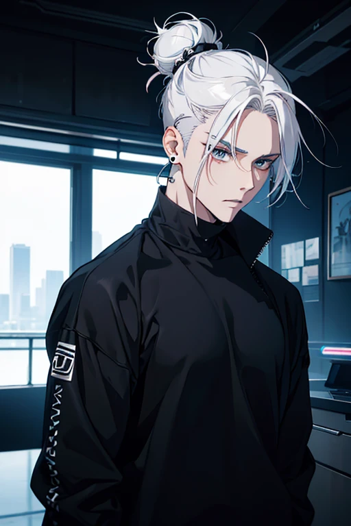 Anime man gradient young white hair low on shaved sides turns hair bun to the left side in the middle serious face with black earrings black sweatshirt Speed jeans futuristic clothes black dark circles under his eyes big black hair big brown hair extremely futuristic clothes futuristic clothes futuristic sweatshirt black skinny jeans male