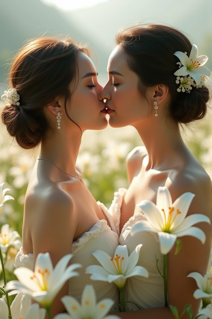 (Highest quality、Tabletop、8k、Best image quality、Award-winning works)、Two beautiful women kissing、(Perfect kiss:1.2)、(Kiss closeup:1.1)、Neat white dress、Large Breasts、Elegant cute hairstyle、Lily field、Surrounded by many lilies、Perfect beautiful glossy lips、(Accurate anatomy:1.1)、Glowing White Skin、Very white skin、Most romantic、Spectacular Cinema Lighting、Tyndall effect