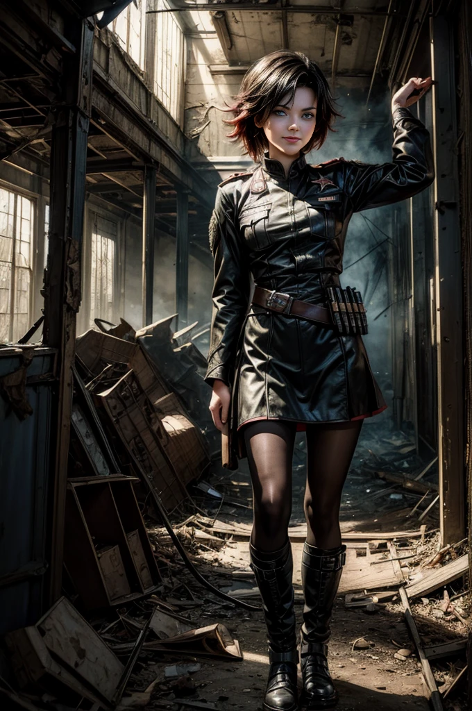 (masterpiece, best quality:1.2), cowboy shot, solo, dynamic pose, ruby rose, looking at viewer, smile, military uniform,  pantyhose, standing inside wrecked church, ruble on floor, collapsed ceiling, bonfire, crowd, (crowd in military uniforms) night, stars, post-apocalypse, dystopian future 