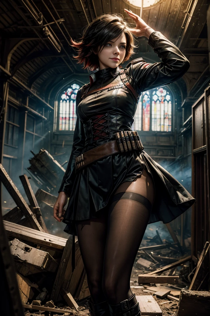 (masterpiece, best quality:1.2), cowboy shot, solo, dynamic pose, ruby rose, looking at viewer, smile, military uniform,  pantyhose, standing inside wrecked church, ruble on floor, collapsed ceiling, bonfire, crowd, (crowd in military uniforms) night, stars, post-apocalypse, dystopian future 