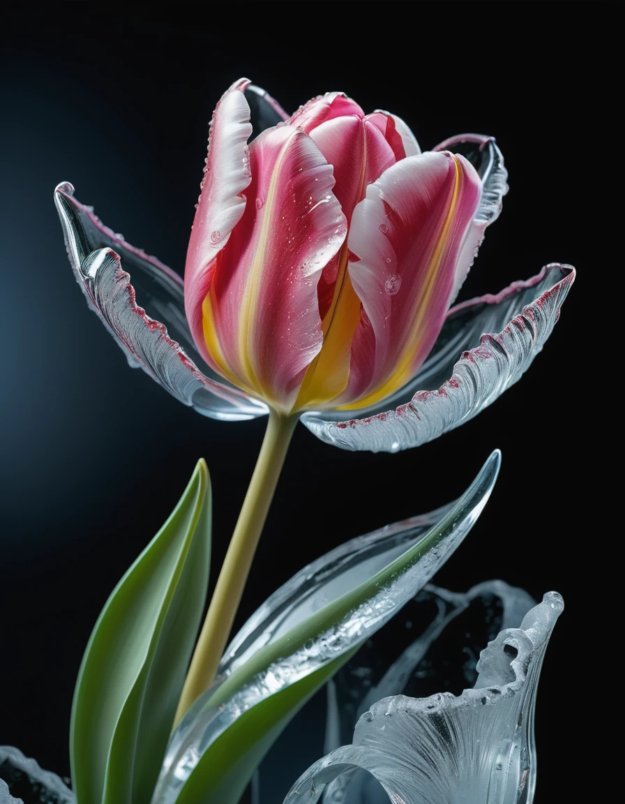 a portrait of an ((ice sculpture of a tulip flower: 1.5)), dynamic color icy tulip petals, dynamic background, vivid icy tulip, close up portrait, dynamic background, High Detail, Ultra High Quality, High Resolution, 16K Resolution, Ultra HD Pictures, 3D rendering Ultra Realistic, Clear Details, Realistic Detail, Ultra High Definition,rpg portrait, ice, NRART