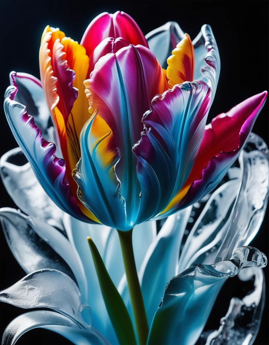 a portrait of an ((ice sculpture of a tulip flower: 1.5)), dynamic color icy tulip petals, dynamic background, vivid icy tulip, close up portrait, dynamic background, High Detail, Ultra High Quality, High Resolution, 16K Resolution, Ultra HD Pictures, 3D rendering Ultra Realistic, Clear Details, Realistic Detail, Ultra High Definition,rpg portrait, ice, NRART