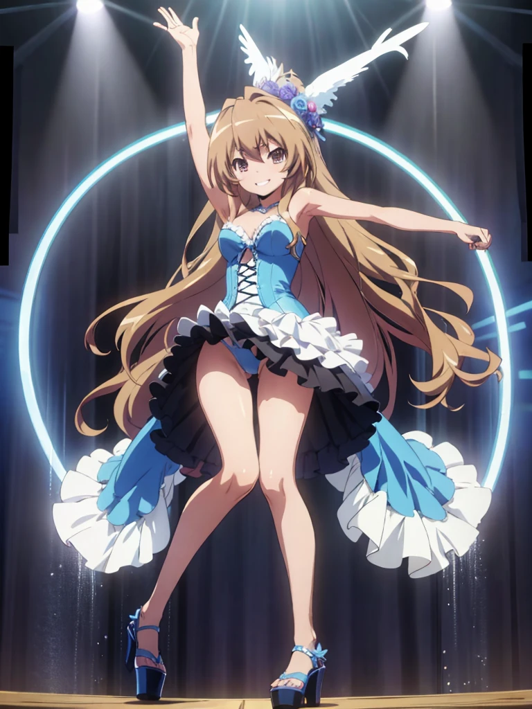 Taiga_Aisaka in sexy Brazilian carnival outfit and light blue stripper sexy platform open high heels posing happy front