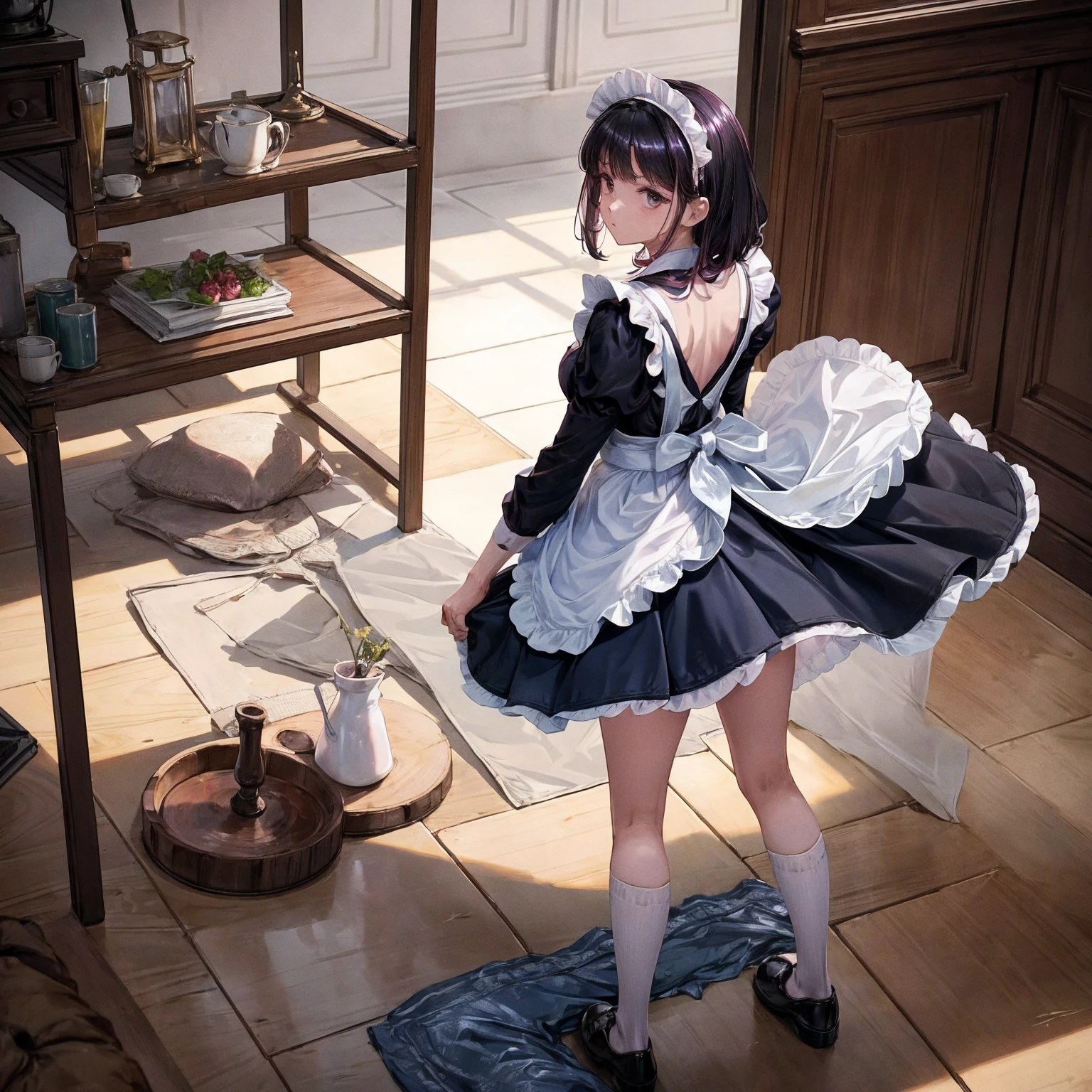 A woman is standing on the floor wearing a maid&#39;s uniform, alone, panties, underwear, skirt, (shiny dark pink satin panties:1.3)、panties that cover the butt、garter belt, Lie in, Knee socks, skirt lift, Recall, Realistic ,  (Show the crack of the buttocks:1.2), Turn your ass towards me