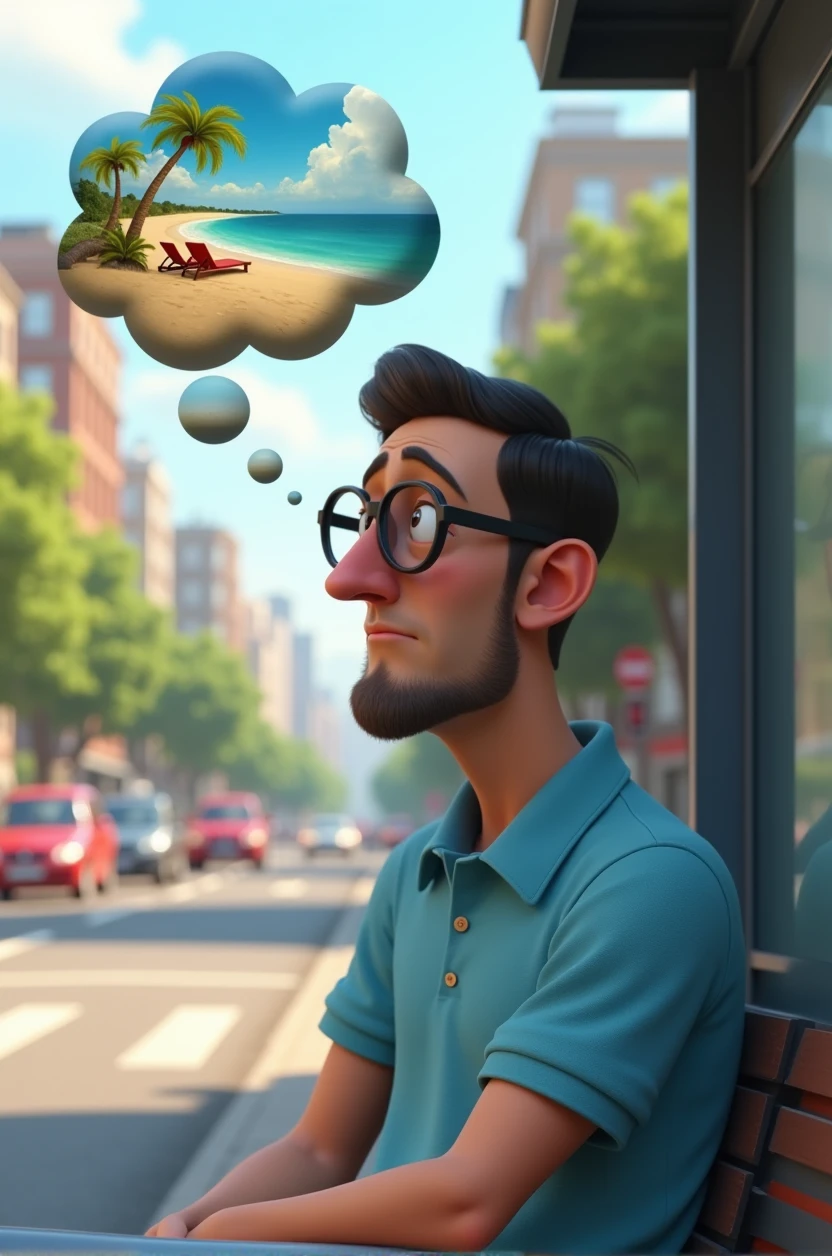 Create a Pixar-style 3D image of a cartoon character. The character is a man with prescription glasses, wearing a light blue polo shirt. He is sitting at a bus stop, with a very sad and tired expression on his face. The scene should show a busy city street. The character has a cloud above his head thinking about his beach vacation. The image of the beach is inside this cloud above the character's head. (Pixar Style) (Bokeh) (Best Quality) (Detailed Skin) (Detailed Texture) (8k) (Clay) (Cinematic Lighting) (Sharp Focus)