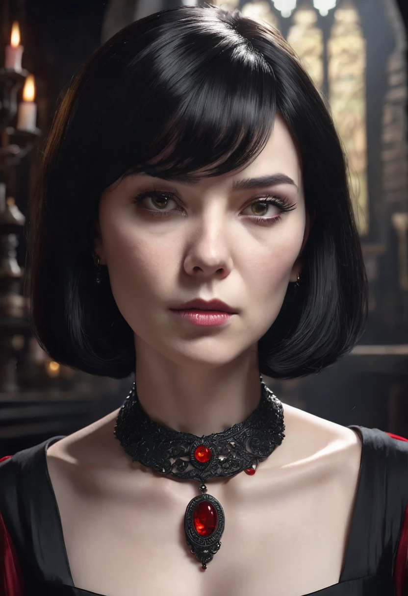1 woman, inside a dark medieval room, wearing an elegant all-black dress, detailed facial features, feminine gray eyes, detailed white skin, red stone necklace around her neck, black bob hair with no bangs, dramatic lighting, cinematic composition, dark palette, dark colors, atmospheric haze, thin chin, angry face, serious face, strong and beautiful woman, adult woman, ultra realistic, profile picture, adult woman (best quality, 4K, 8K, high resolution, art: 1.2), ultra detailed (realistic, photorealistic, photorealistic: 1.37)
