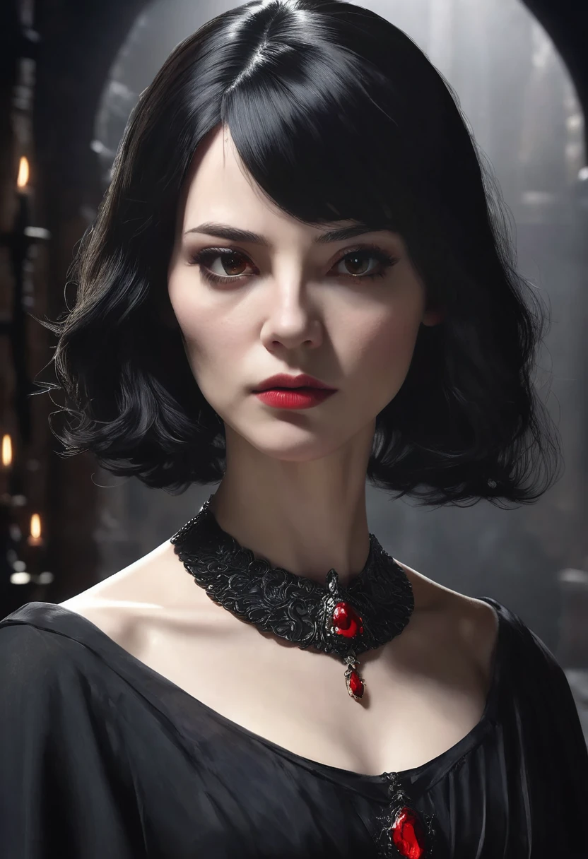 1 woman, inside a dark medieval room, wearing an elegant all-black dress, detailed facial features, feminine gray eyes, detailed white skin, red stone necklace around her neck, black bob hair with no bangs, dramatic lighting, cinematic composition, dark palette, dark colors, atmospheric haze, thin chin, angry face, serious face, strong and beautiful woman, adult woman, ultra realistic, profile picture, adult woman (best quality, 4K, 8K, high resolution, art: 1.2), ultra detailed (realistic, photorealistic, photorealistic: 1.37)