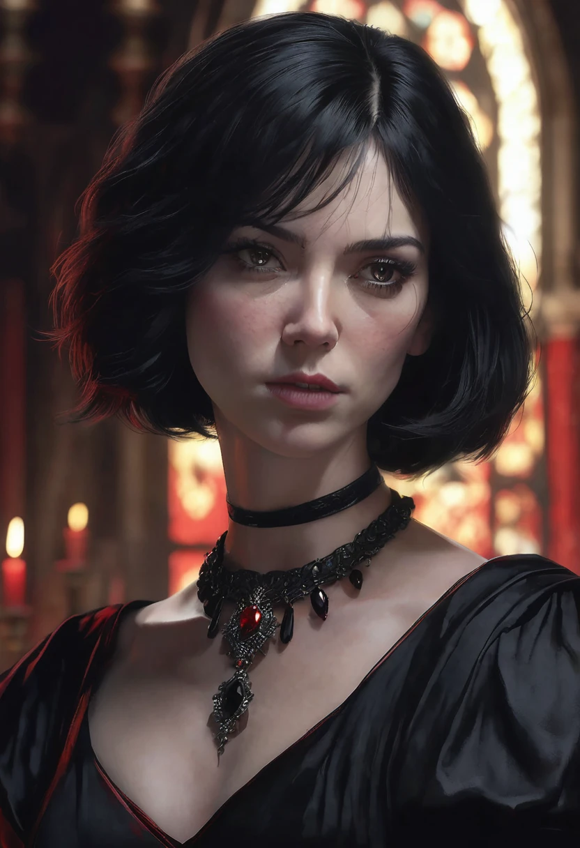 1 woman, inside a dark medieval room, wearing an elegant all-black dress, detailed facial features, feminine gray eyes, detailed white skin, red stone necklace around her neck, black bob hair with no bangs, dramatic lighting, cinematic composition, dark palette, dark colors, atmospheric haze, thin chin, angry face, serious face, strong and beautiful woman, adult woman, ultra realistic, profile picture, adult woman (best quality, 4K, 8K, high resolution, art: 1.2), ultra detailed (realistic, photorealistic, photorealistic: 1.37)