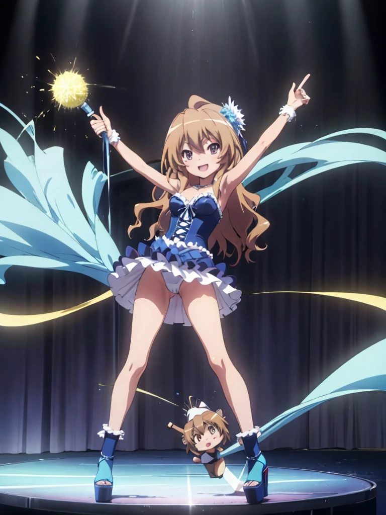 Taiga_Aisaka in sexy Brazilian carnival outfit and light blue stripper sexy platform open high heels posing happy front