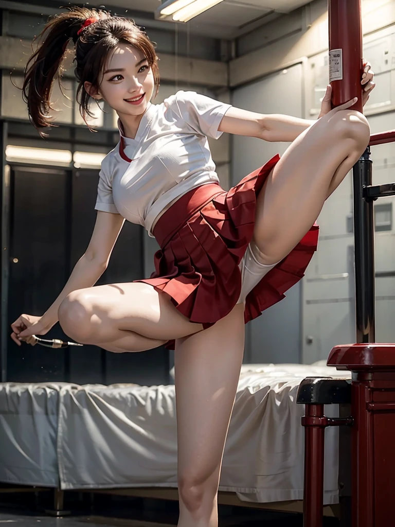 Wearing white short-sleeve,Red ultra-short pleated skirt,Short-haired girl in red high heels kicks,Close-up of a high kick,flying kick,kungfu,high kick,Battlefield Background,Fighting Stance,Smiling emoticon
