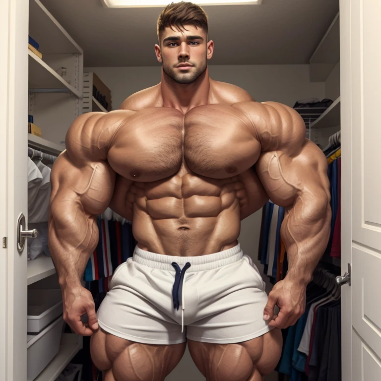 a young and very handsome man, shirtless, extremely handsome, very handsome and extremely handsome face, short hair, mid fade haircut, massively muscular, with massively large muscles, with massively large biceps and arms, wearing white shorts with a massively large, extremely massive bulge, in a closet