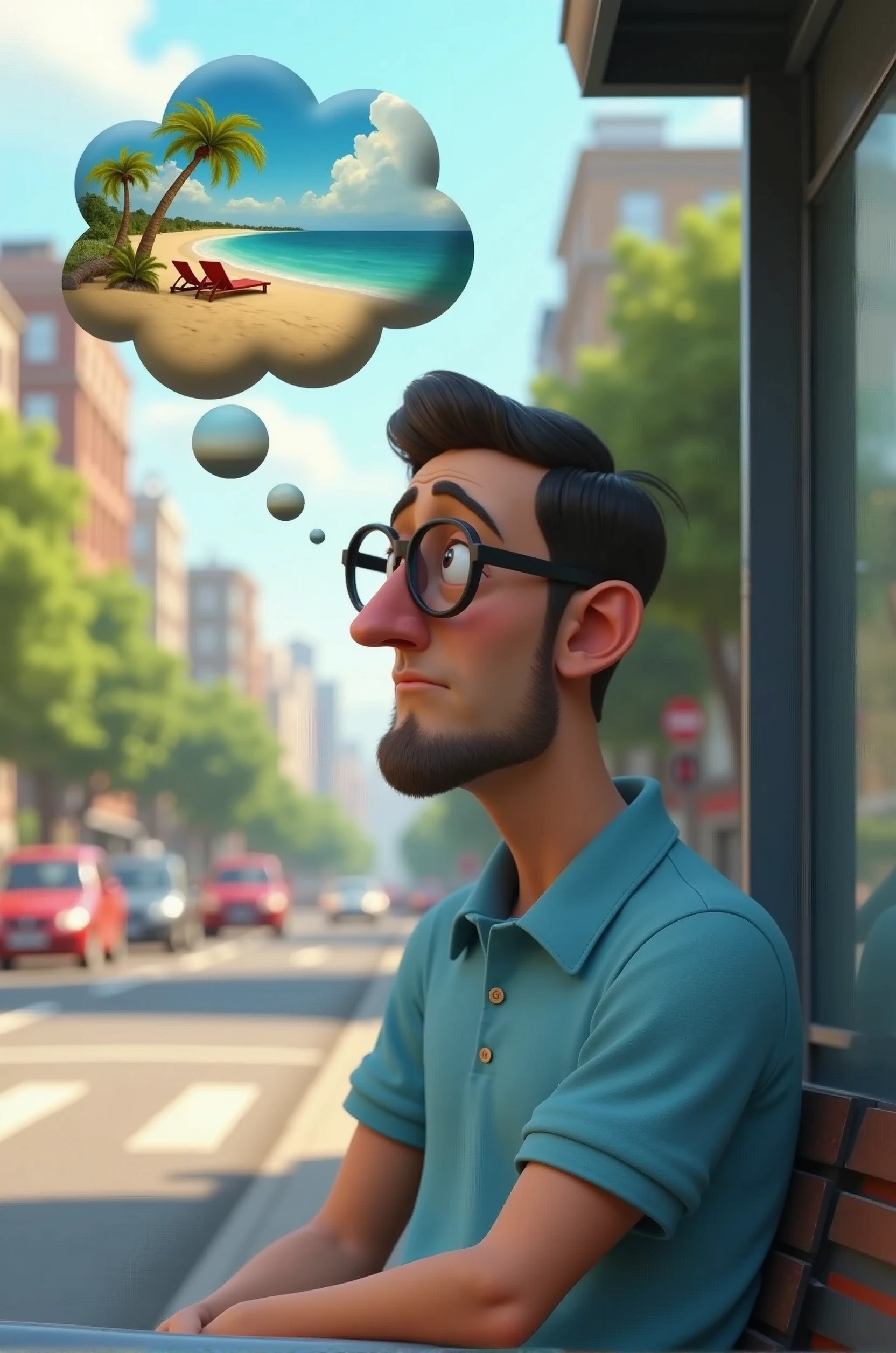 Create a Pixar-style 3D image of a cartoon character. The character is a man with prescription glasses, wearing a light blue polo shirt. He is sitting at a bus stop, with a very sad and tired expression on his face. The scene should show a busy city street. The character has a cloud above his head thinking about his beach vacation. The image of the beach is inside this cloud above the character's head. (Pixar Style) (Bokeh) (Best Quality) (Detailed Skin) (Detailed Texture) (8k) (Clay) (Cinematic Lighting) (Sharp Focus)