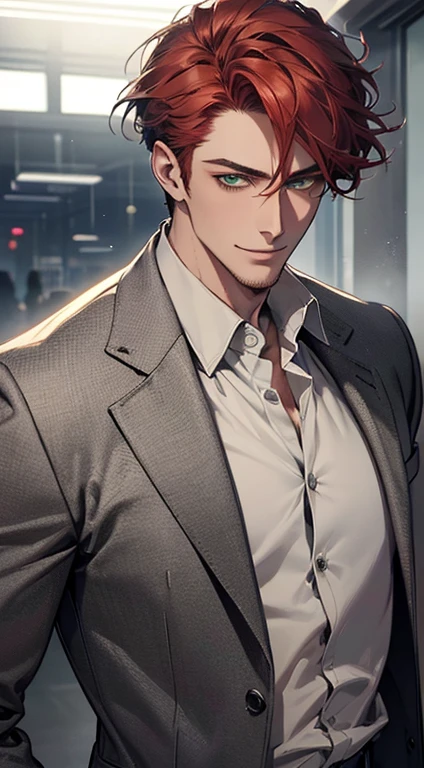 (best quality, masterpiece, 8K, photorealistic, cinematic lighting, hdr image, ultra detailed, beautiful image), a mature man, very handsome, smile, short grey red hair, green eyes, perfect face without errors, ((buttoning the jacket, CEO))