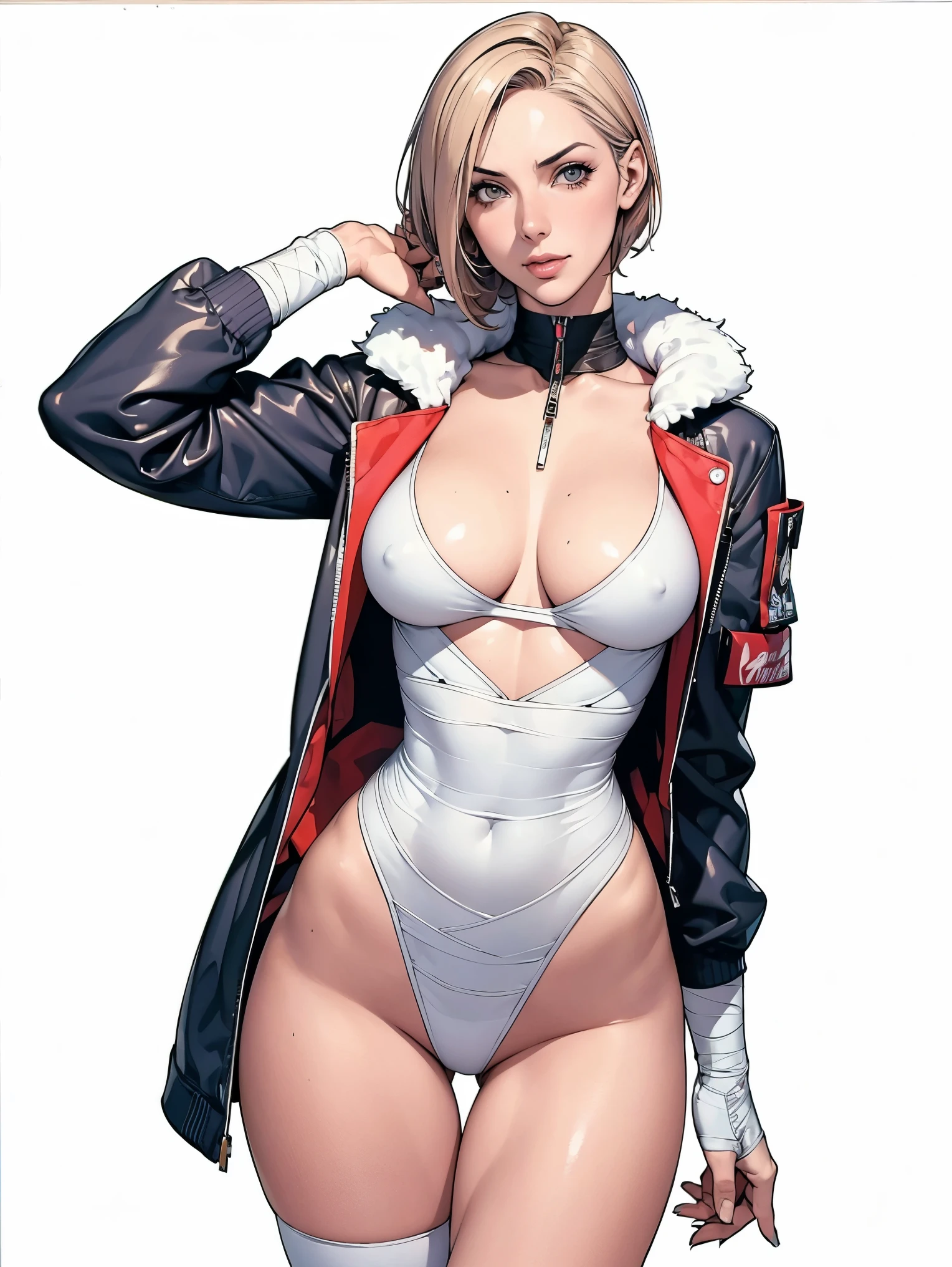 (((Annie Lennox))), (((colorful suit))), (scars), (((bandaged arms))), (((colorful clothes))) (( hood)), (((best quality: 1.4))), (Unbeatable masterpiece), (hyper HD),(CG 8k hyper-realistic), beautiful face, (((breasts big))), (((hyper feminine))), sexly girl, round face, black tattoo,(ultra short red hair with white highlights)), ((( sculptural body ))), (((1 Kizi))), Kizi tatuada de 25 anos com perfect body,,Beautiful and well-groomed face, (round face), muscular body:1.2,solid color detailed jacket, (Head to thigh photos), Complex equipment, ,Tight clothes,With white stars and off-white stripes,,,,,Armor Metal Electronic Parts, Poison tattoos ) INFO, Kizi, (((standing alone))), , 24歳, sexy, pose de attitude, work of art, dancing, ((slight smile)), post-apocalypse, (((manga style))), bounty hunter, the way you want, perfect body, roupa moderna, advanced technology, white, yellow accent, black, red accent, fur collar jacket, sleeves with vertical striped pattern, background city, (( cowboy shot )). intricate visual, narrow waist, (((wide hips))), wide hips, fit thighs, (((thigh gap))), Thigh gap, background shows a futuristic airplane, open expression, expression happy