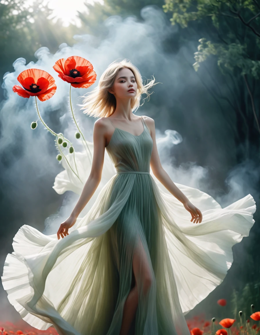 full length, Beautiful legs,blonde, Beautiful face, red and light white tones, Esbian Full Body, White background, daylight, Efeito de Luz, minimalist, Solar, pure tenderness, soft lighting, Realism. beautiful woman, which (collarbone, shoulders) posing with his back (prays and stands) on a super-giant lotus with double and long petals (petals made of thin, soft gauze cloth, full background of many flowing red petals, floating flower, in her hand is a huge giant bright red poppy above her head, super flying petals, Smoke effect, fog, mixed with petals), poppy petal dress, ((ss-through)) Full-length. ReV Animated