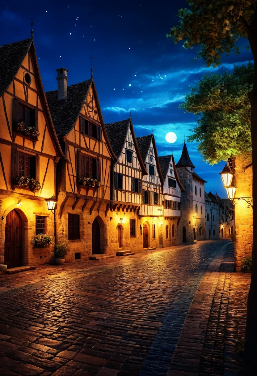 ((Best resolution:1.4)), ((high quality:1.2)), Work of art, 8k, extremely detailed, ((High detail:1.2)), cinematic photo, a very beautiful city, medieval houses and trees, mid night sky,