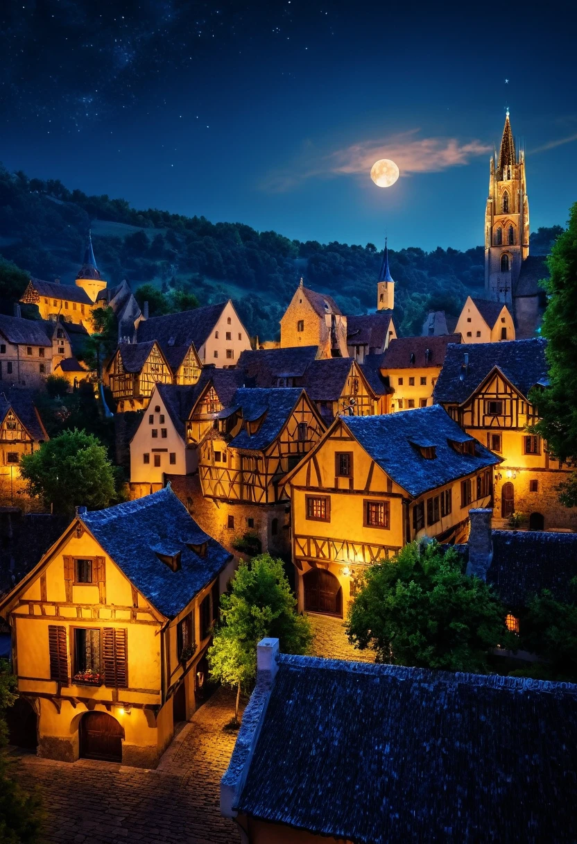 ((Best resolution:1.4)), ((high quality:1.2)), Work of art, 8k, extremely detailed, ((High detail:1.2)), cinematic photo, a very beautiful city, medieval houses and trees, mid night sky,