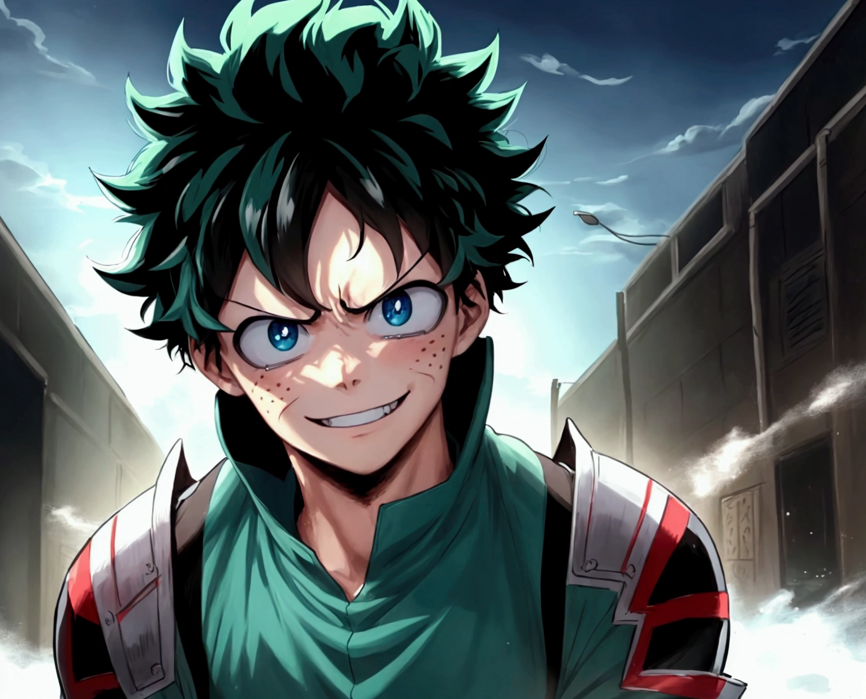 my hero sombacademia, with beautiful eyes and swollen from crying little boy, with curly black hair and green eyes, freckles, smiling **Physical traits**: - **defined jaw** it is strong, conveying determination and strength. - **cheekbones** Prominent, that accentuate the serious and heroic countenance. 2.Boy Anime with green eyes and black hair posing for a picture, handsome guy in demon slayer art, izuku midoriya, inspired by Jamie Hewlett, made with anime painter studio, highly detailed exquisite fanart, painted in anime painter studio, high quality color drawing, stunning anime face portrait, by Eizan It&#39;s a gift, Boy Anime, anime style portrait
