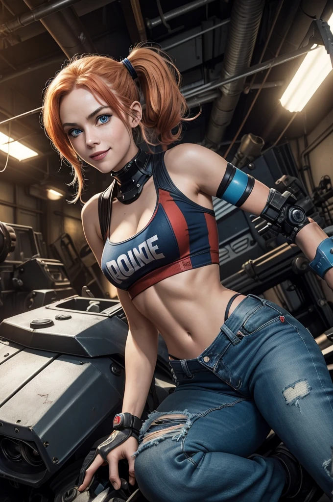 Harley Quinn, detailed, perfect anatomy, female engineer mechanic girl crouching down, dirty tank top, uniform, working on a mecha , japanese mecha, mecha robot, solo focus, blue eyes, strawberry blonde hair, ponytail, denim jeans, repairing machines, smiling, caring, looking upward, high angle, cyberpunk, futuristic, military vibes, diesel punk, indoors, welding, looking at viewer, muscle, toned woman, tomboy, in a futuristic military complex, police department, small jet fighter, white walls, ((BEST QUALITY))