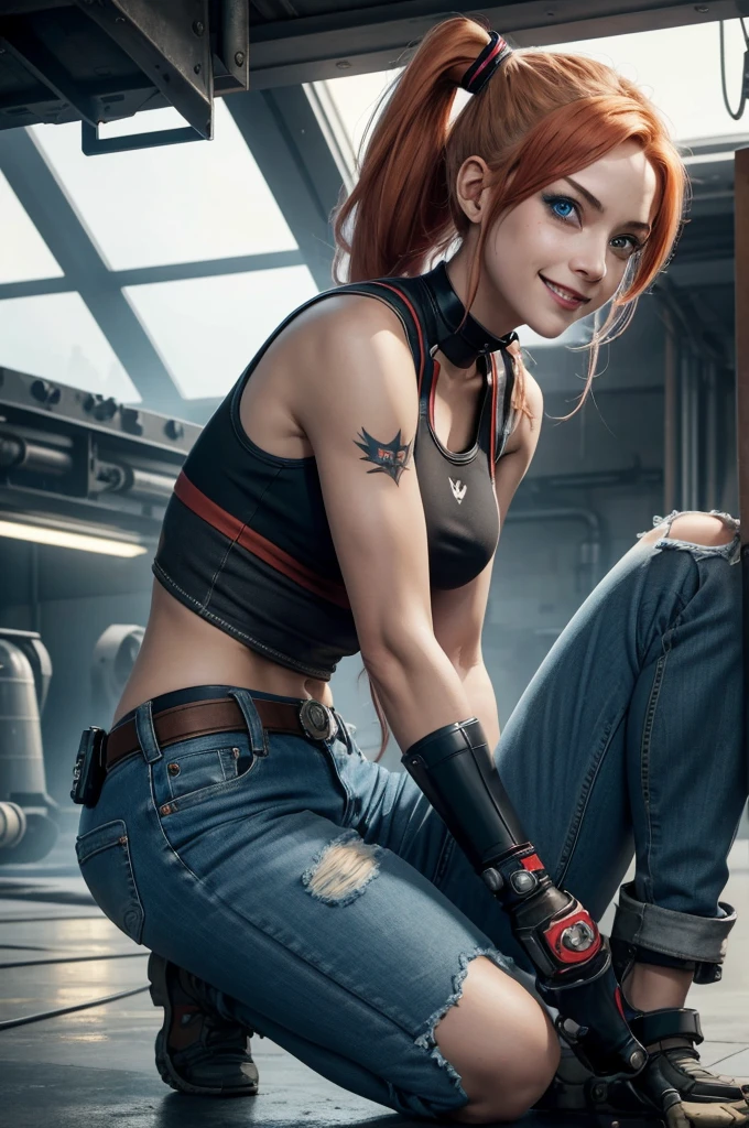 Harley Quinn, detailed, perfect anatomy, female engineer mechanic girl crouching down, dirty tank top, uniform, working on a mecha , japanese mecha, mecha robot, solo focus, blue eyes, strawberry blonde hair, ponytail, denim jeans, repairing machines, smiling, caring, looking upward, high angle, cyberpunk, futuristic, military vibes, diesel punk, indoors, welding, looking at viewer, muscle, toned woman, tomboy, in a futuristic military complex, police department, small jet fighter, white walls, ((BEST QUALITY))