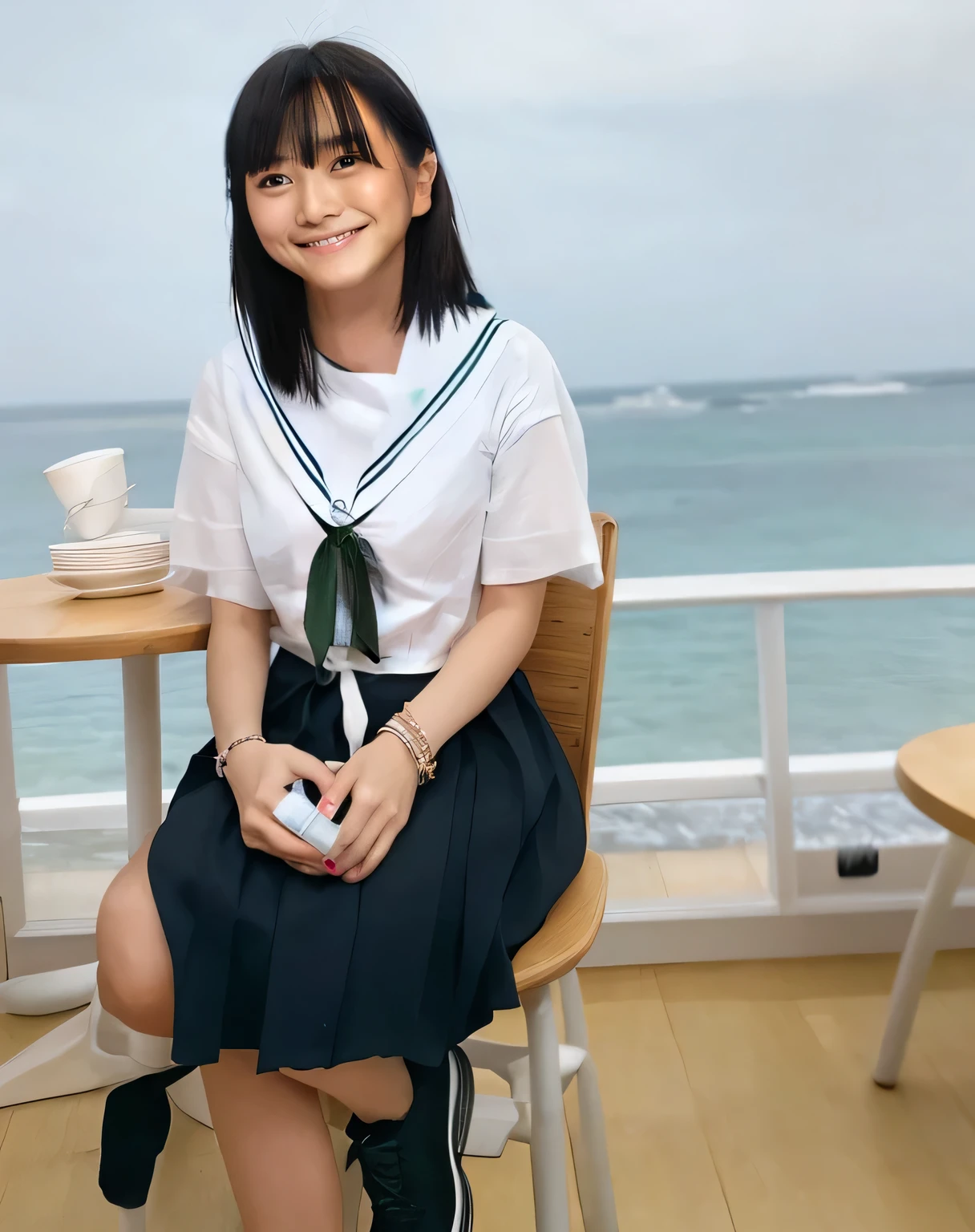 Super detailed,Highest quality,1 high school girl,16 years old,sitting in a seaside cafe,Sitting in a chair,She is wearing a white short-sleeved blouse and a black pleated mini skirt.,Short skirt,I can see her thighs,I can see the ocean in the distance,There is a coffee cup on the table in the cafe,Illuminated by the summer sun,Daytime sunlight,You can see the blue sky and the sea,Bracelet on arm,pink nail polish on fingers,Sitting with legs together,Beautiful legs,Wearing sneakers,Distant scenery is blurry