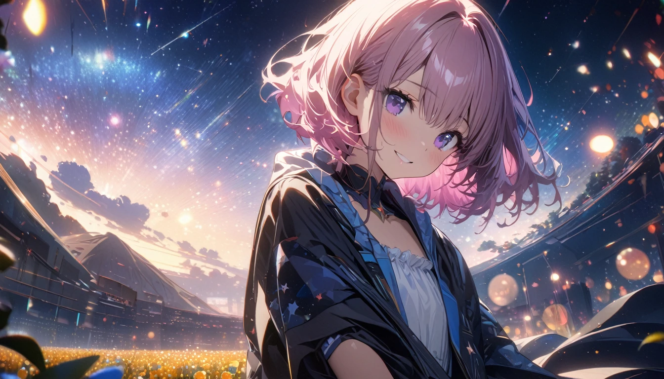 one girl, short pink hair and bob hair.、beautiful purple eyes、smile、gentle smile on her face、flat chest, one Beautiful girl,((masterpiece, illustration, best quality) ((ultra-detailed))\Starry Night Sky, beautirful field,,Incredibly beautiful,It's like art,The background is the endless universe,The sky of the universe,濃い青とBeautiful Blueのグラデーション, High resolution, 8K HD detail, hyper-detail, cinematic, surrealism, soft light, deep field focus bokeh, ray tracing and surrealism. --v6