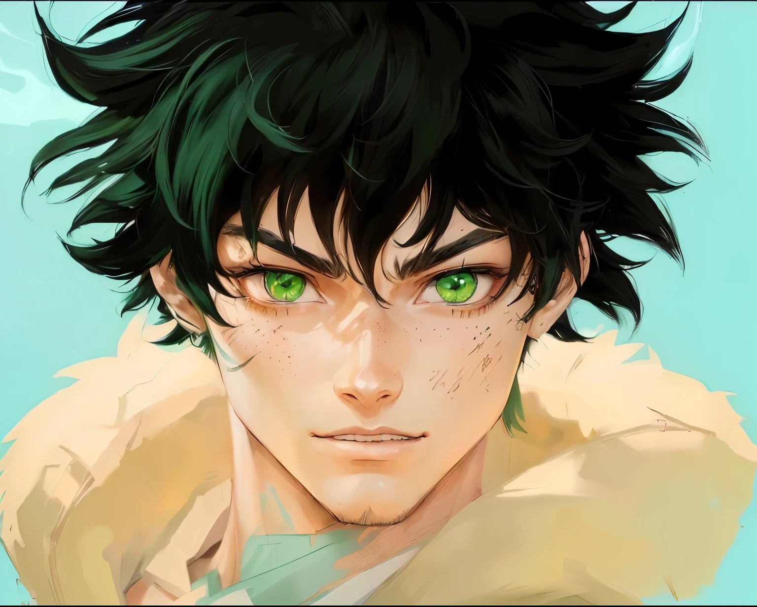 Boy Anime with green eyes and black hair posing for a picture, handsome guy in demon slayer art, izuku midoriya, inspired by Jamie Hewlett, made with anime painter studio, highly detailed exquisite fanart, painted in anime painter studio, high quality color drawing, stunning anime face portrait, by Eizan It's a gift, Boy Anime, anime style portrait