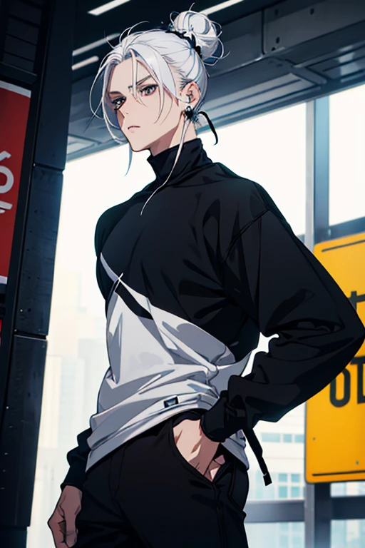Anime man gradient young white hair low on shaved sides turns hair bun to the left side in the middle serious face with black earrings black sweatshirt Speed jeans futuristic clothes black dark circles under his eyes big black hair big brown hair extremely futuristic clothes futuristic clothes futuristic sweatshirt black skinny jeans male