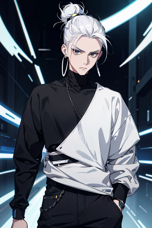 Anime man gradient young white hair low on shaved sides turns hair bun to the left side in the middle serious face with black earrings black sweatshirt Speed jeans futuristic clothes black dark circles under his eyes big black hair big brown hair extremely futuristic clothes futuristic clothes futuristic sweatshirt black skinny jeans male