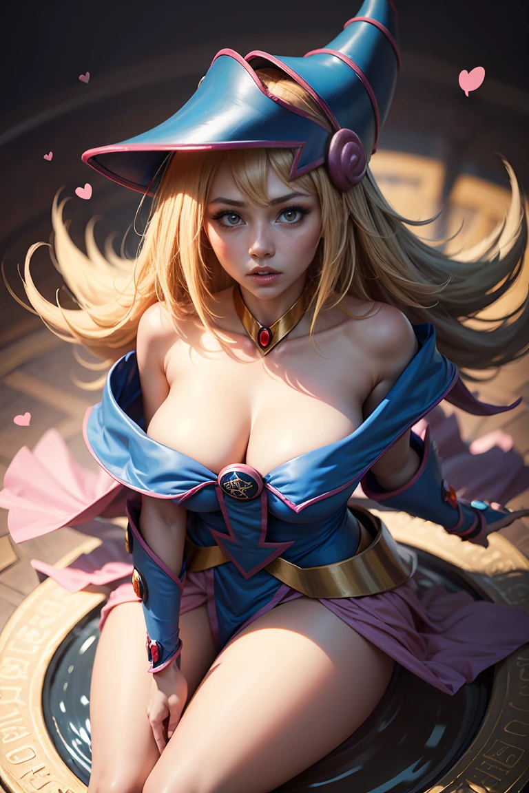 (masterpiece:1.2), (The best quality:1.2), perfect lighting, Dark Magician Girl casting a spell, in his twenties, floating in the air, big , neckline, blue robe, big hat, from above, shines, Yugioh games, magic of the heart. LIGHTS OF THE HEART, romantic heart