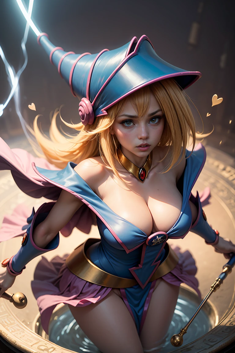(masterpiece:1.2), (The best quality:1.2), perfect lighting, Dark Magician Girl casting a spell, in his twenties, floating in the air, big , neckline, blue robe, big hat, from above, shines, Yugioh games, magic of the heart. LIGHTS OF THE HEART, romantic heart
