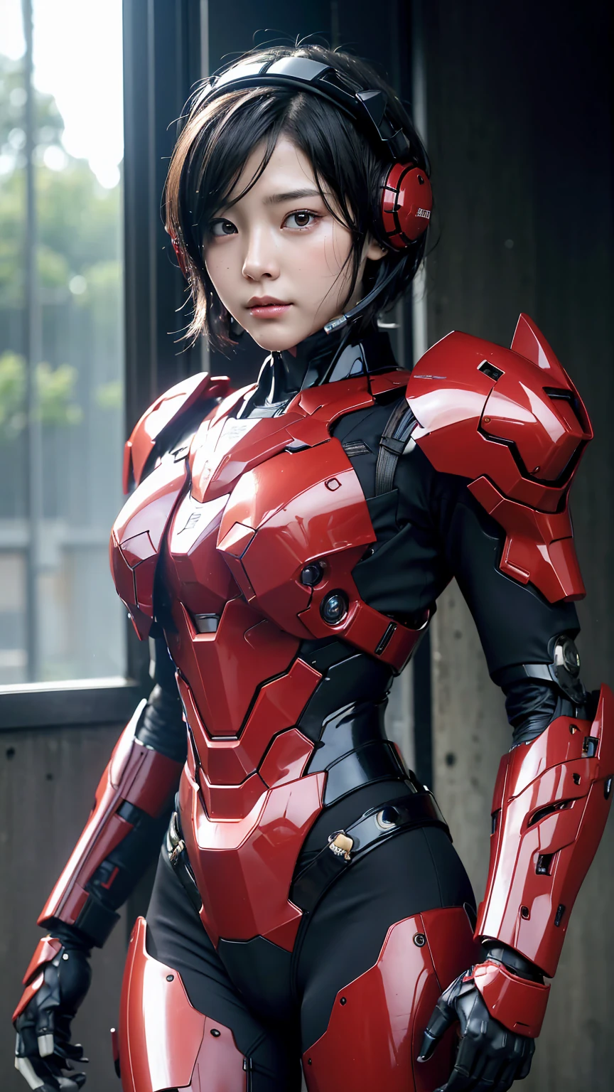 最high quality非常に詳細, Advanced Details, high quality, 最high quality, High resolution, 1080P, hard disk, beautiful,(War Machine),(headgear),See the big picture,beautifulサイボーグ女性,Shining red mecha cyborg girl,BATTLE MODE,Mecha Body Girl　8k bright red body armor　Elementary school girl　Sweaty face　pretty girl　short hair　　short hairボーイッシュ　Steam coming out of my head　My hair is wet with sweat　Black Hair, Steam coming out of the mouth　Rear View　Full body portrait