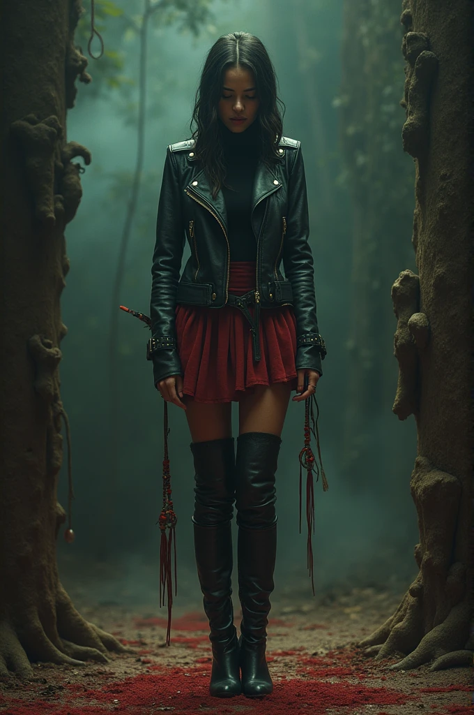 victim setting, a woman in skirt and biker jacket and turtleneck and thigh-high boots, victim of ritual, posing, high heels, traditional indigenous accessories, red, green, blue,