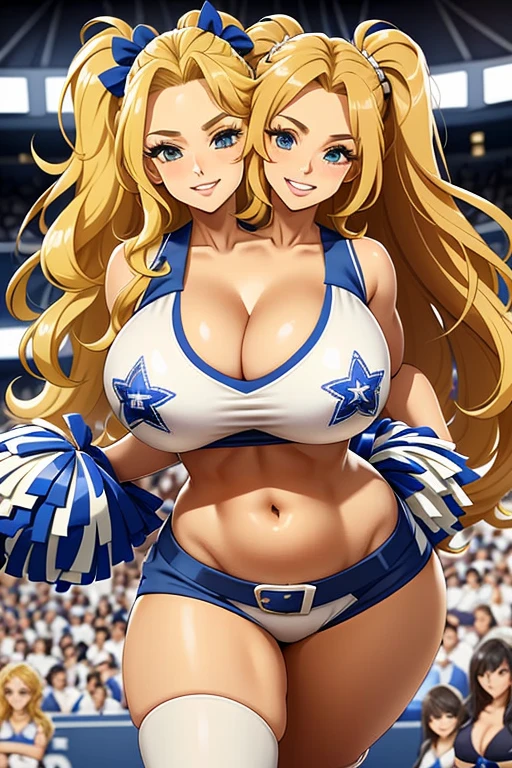 2heads, a tall woman with 2 heads. She is at a sports stadium. She is wearing a skimpy cheerleader outfit. Cleavage. She has long curly blonde hair in ponytails. She is cheerleading, holding pom-poms. She is very tall and mature. She is happy and smiling. Motherly, milf. Enormous fat breasts, gigantic breasts. 