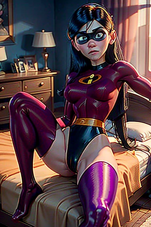 A muscular violet parr, wearing a leotard, lying in bed, bedroom setting, disney pixar animated style, animated movie still, beatiful eyes, detailed face, detailed expressions, medium breasts, 3:1 hip to leg ratio, 4k, 8k, UHD, dynamic pose, sexy pose