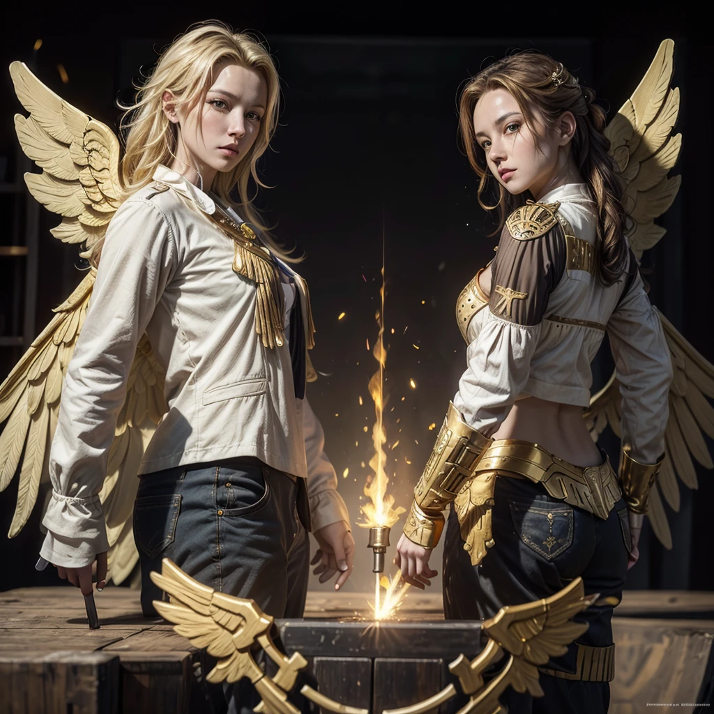 Create me two old white pistols, those used by gunslingers, but these pistols have two golden wings drawn on the barrel of the gun., some gold and golden details.