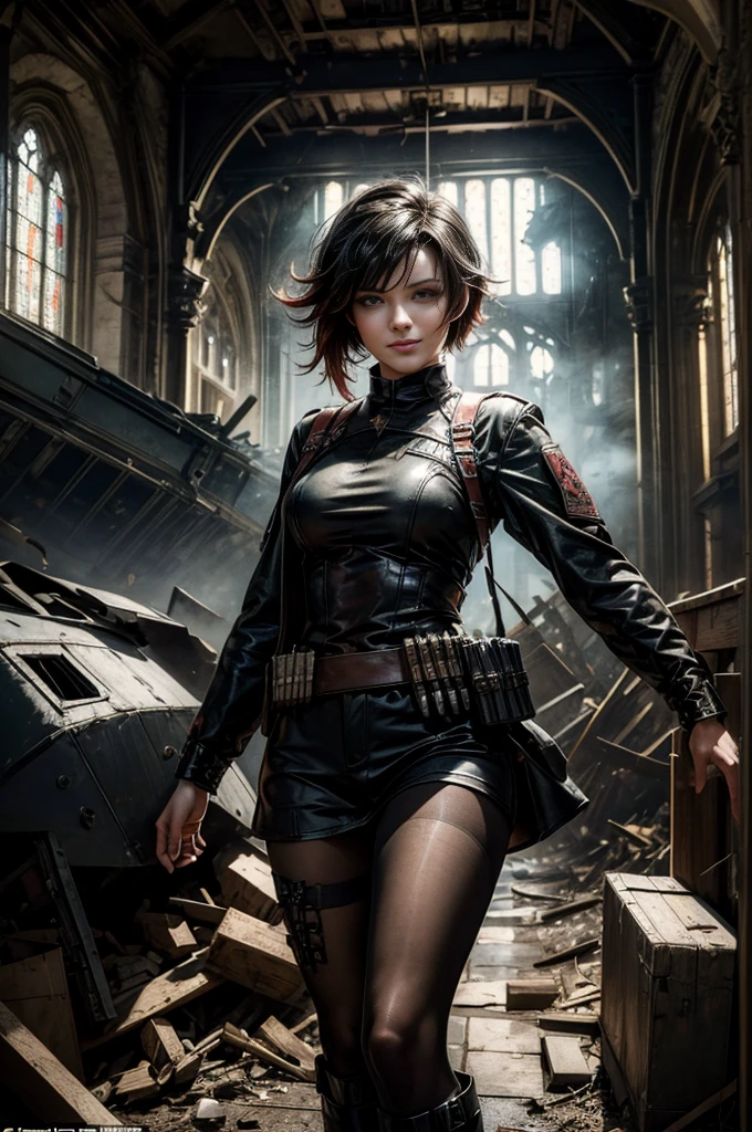 (masterpiece, best quality:1.2), cowboy shot, solo, dynamic pose, ruby rose, looking at viewer, smile, military uniform, pantyhose, standing inside wrecked church, ruble on floor, collapsed ceiling, bonfire, crowd, (crowd in military uniforms) night, stars, post-apocalypse, dystopian future