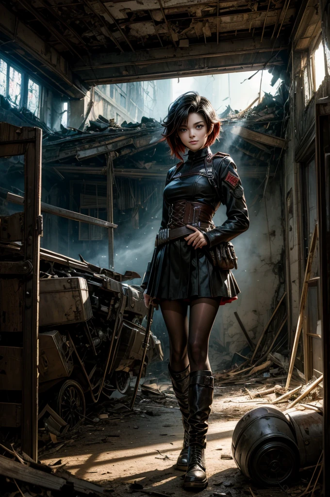 (masterpiece, best quality:1.2), cowboy shot, solo, dynamic pose, ruby rose, looking at viewer, smile, military uniform, pantyhose, standing inside wrecked church, ruble on floor, collapsed ceiling, bonfire, crowd, (crowd in military uniforms) night, stars, post-apocalypse, dystopian future