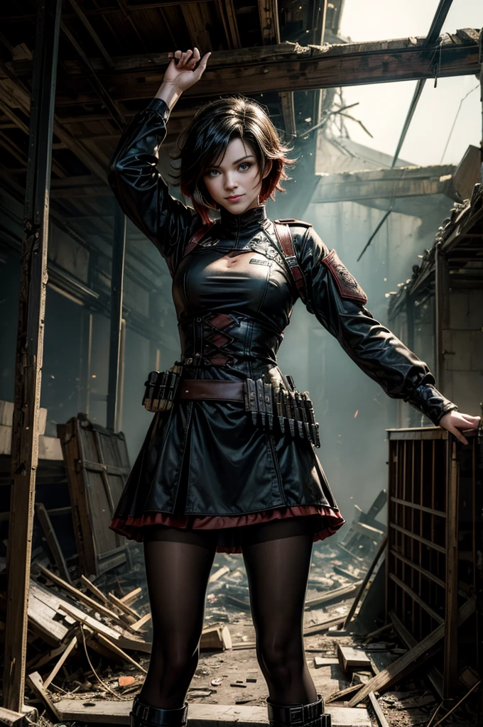 (masterpiece, best quality:1.2), cowboy shot, solo, dynamic pose, ruby rose, looking at viewer, smile, military uniform, pantyhose, standing inside wrecked church, ruble on floor, collapsed ceiling, bonfire, crowd, (crowd in military uniforms) night, stars, post-apocalypse, dystopian future