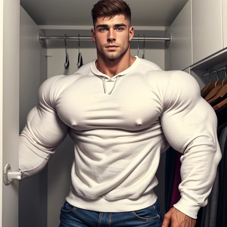 a young and very handsome man, wearing a simple white sweatshirt with long sleeves, extremely handsome, very handsome and extremely handsome face, short hair, mid fade haircut, massively muscular, with massively large muscles, with biceps and arms massively large, in a closet