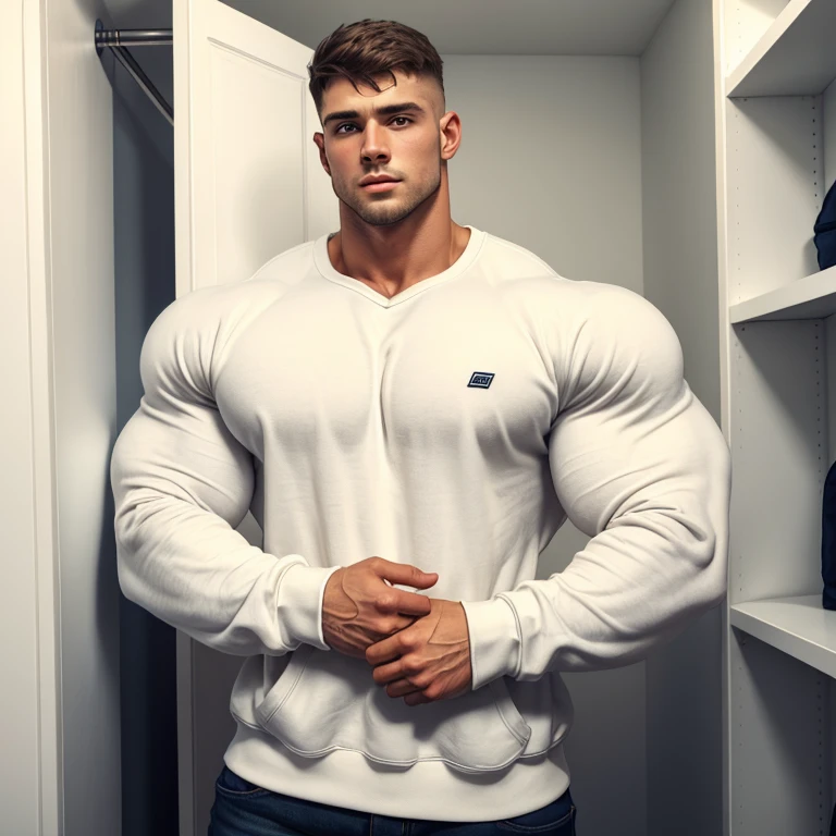 a young and very handsome man, wearing a simple white sweatshirt with long sleeves, extremely handsome, very handsome and extremely handsome face, short hair, mid fade haircut, massively muscular, with massively large muscles, with biceps and arms massively large, in a closet