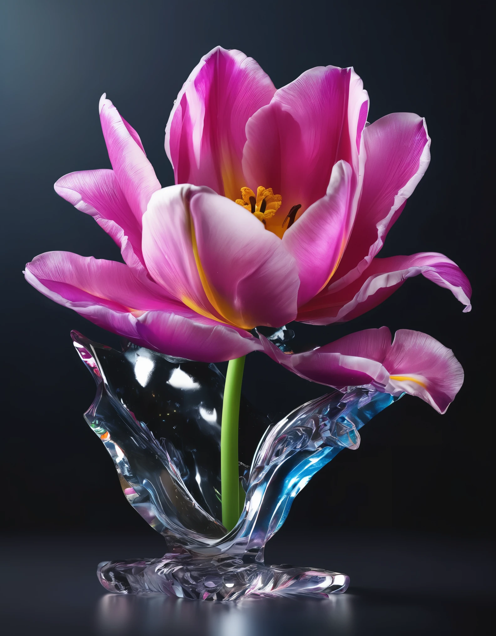 a portrait of an ((ice sculpture of a 1single tulip flower: 1.5)), dynamic color tulip petals, dynamic background, vivid icy tulip, close up portrait, dynamic background,  High Detail, Ultra High Quality, High Resolution, 16K Resolution, Ultra HD Pictures, 3D rendering Ultra Realistic, Clear Details, Realistic Detail, Ultra High Definition,rpg portrait, ice