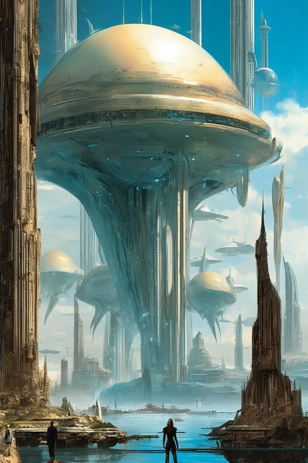 Stephan Martiniere Style - skyline of atlantis with giant blonde aliens walking around