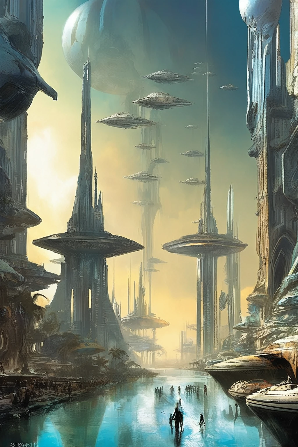 Stephan Martiniere Style - skyline of atlantis with giant blonde aliens walking around