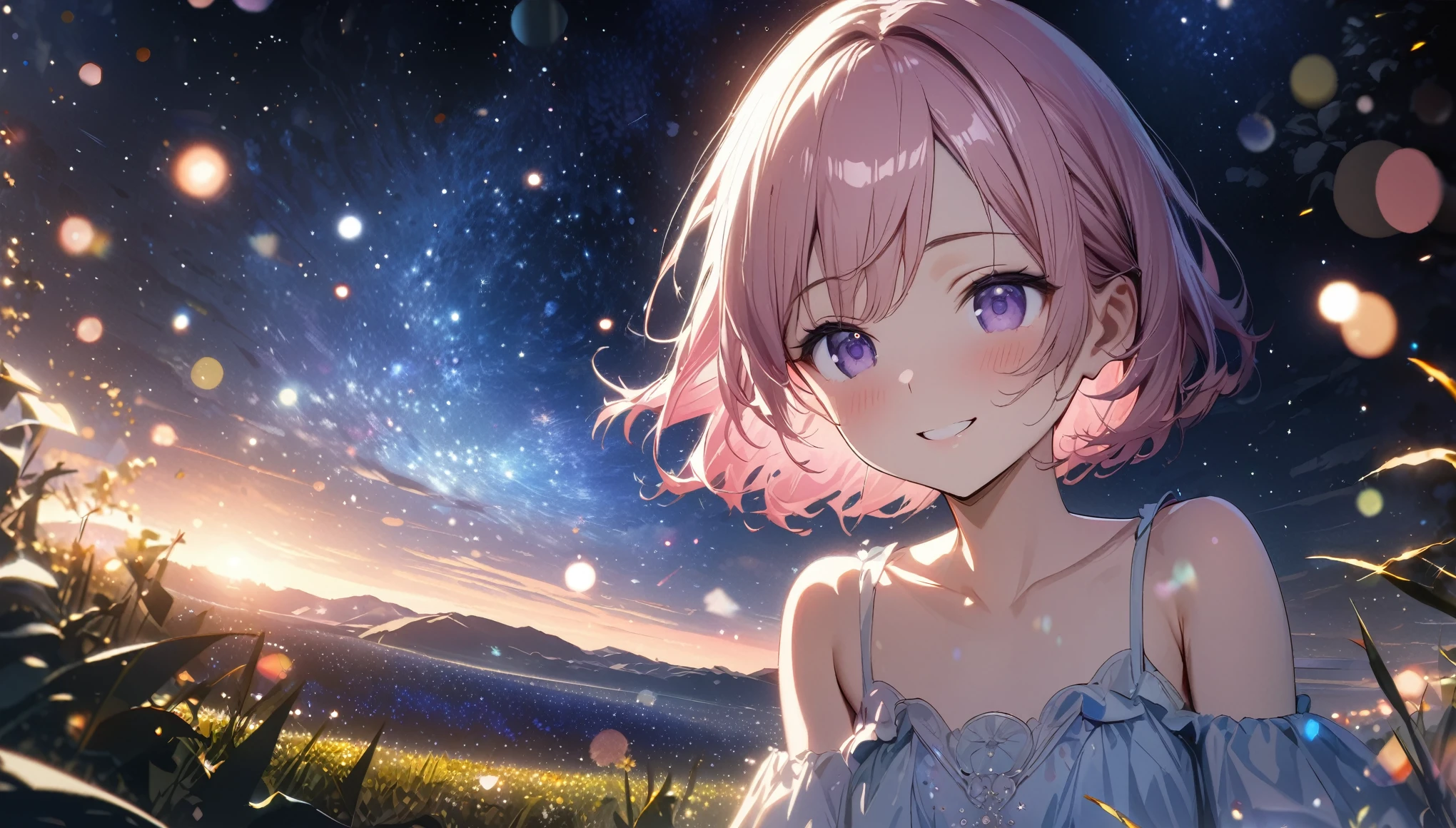 one girl, short pink hair and bob hair.、beautiful purple eyes、smile、gentle smile on her face、flat chest, one Beautiful girl,((masterpiece, illustration, best quality) ((ultra-detailed))\Starry Night Sky, beautirful field,,Incredibly beautiful,It's like art,The background is the endless universe,The sky of the universe,濃い青とBeautiful Blueのグラデーション, High resolution, 8K HD detail, hyper-detail, cinematic, surrealism, soft light, deep field focus bokeh, ray tracing and surrealism. --v6