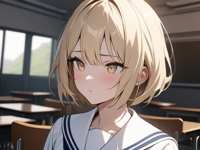 (Highest quality,4K,8k,High resolution,masterpiece:1.2),Gal,whole body,Sailor suit,Kongari skin,long, shiny blonde hair,upward glance,Listless posture,Classroom Background
